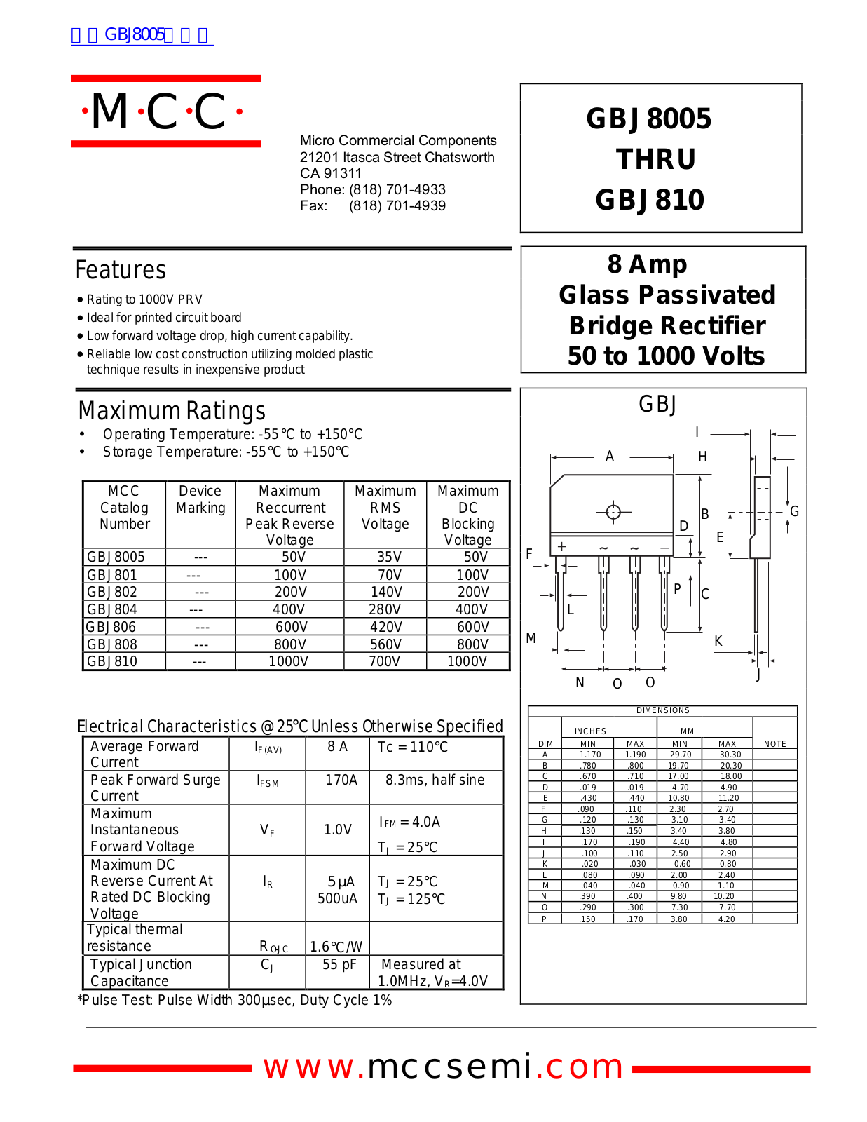 Micro Commercial Components GBJ8005, GBJ810 Technical data