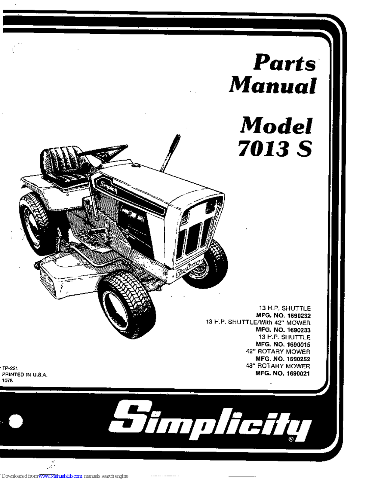 Simplicity 7013 S Parts Manual