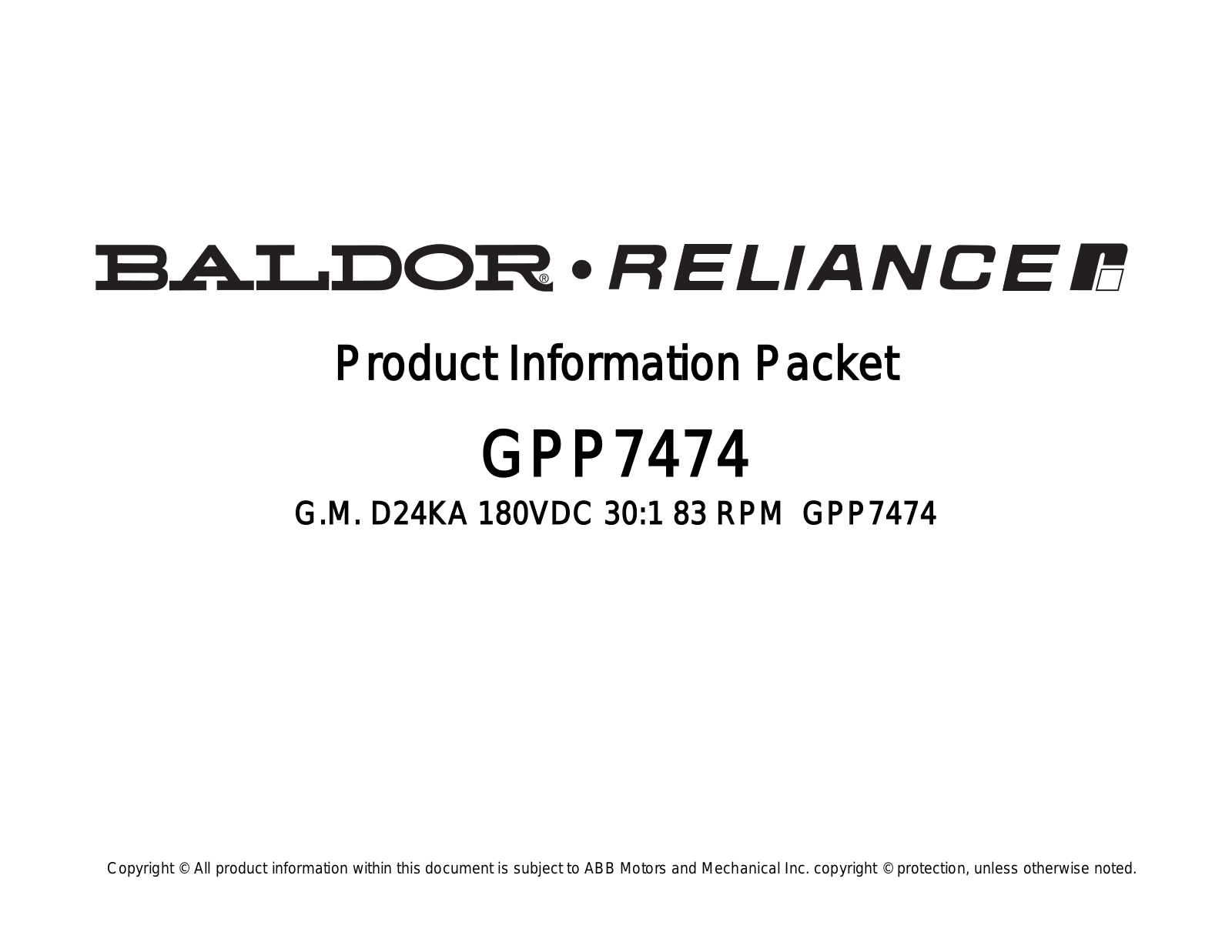 Baldor GPP7474 Product Information Sheet