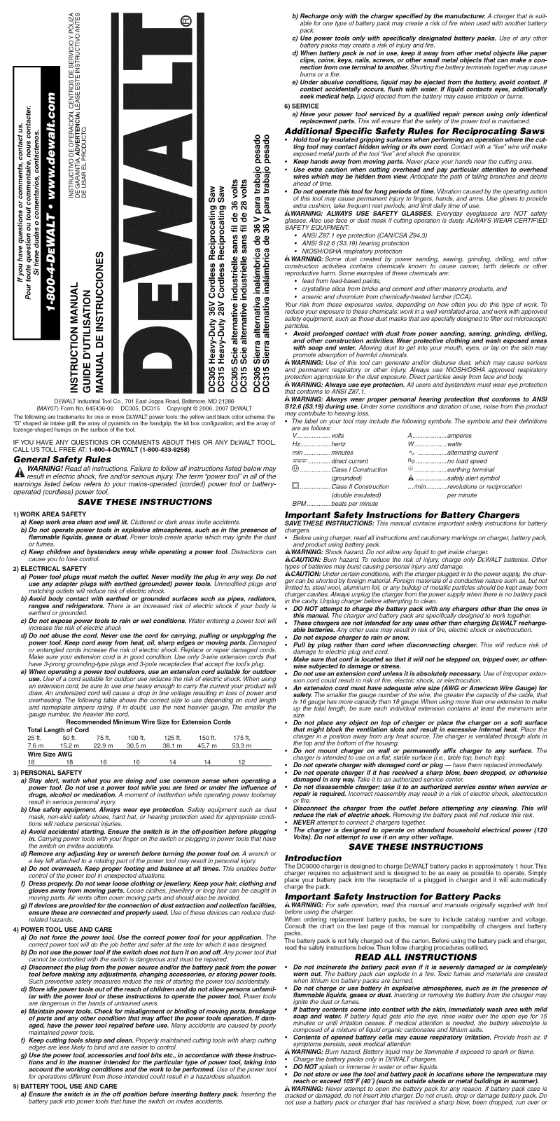 DeWalt DC305K TYPE 1 Owner’s Manual