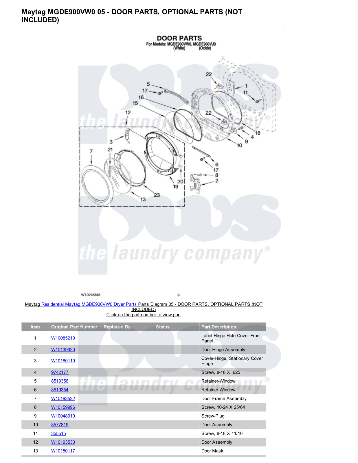 Maytag MGDE900VW0 Parts Diagram