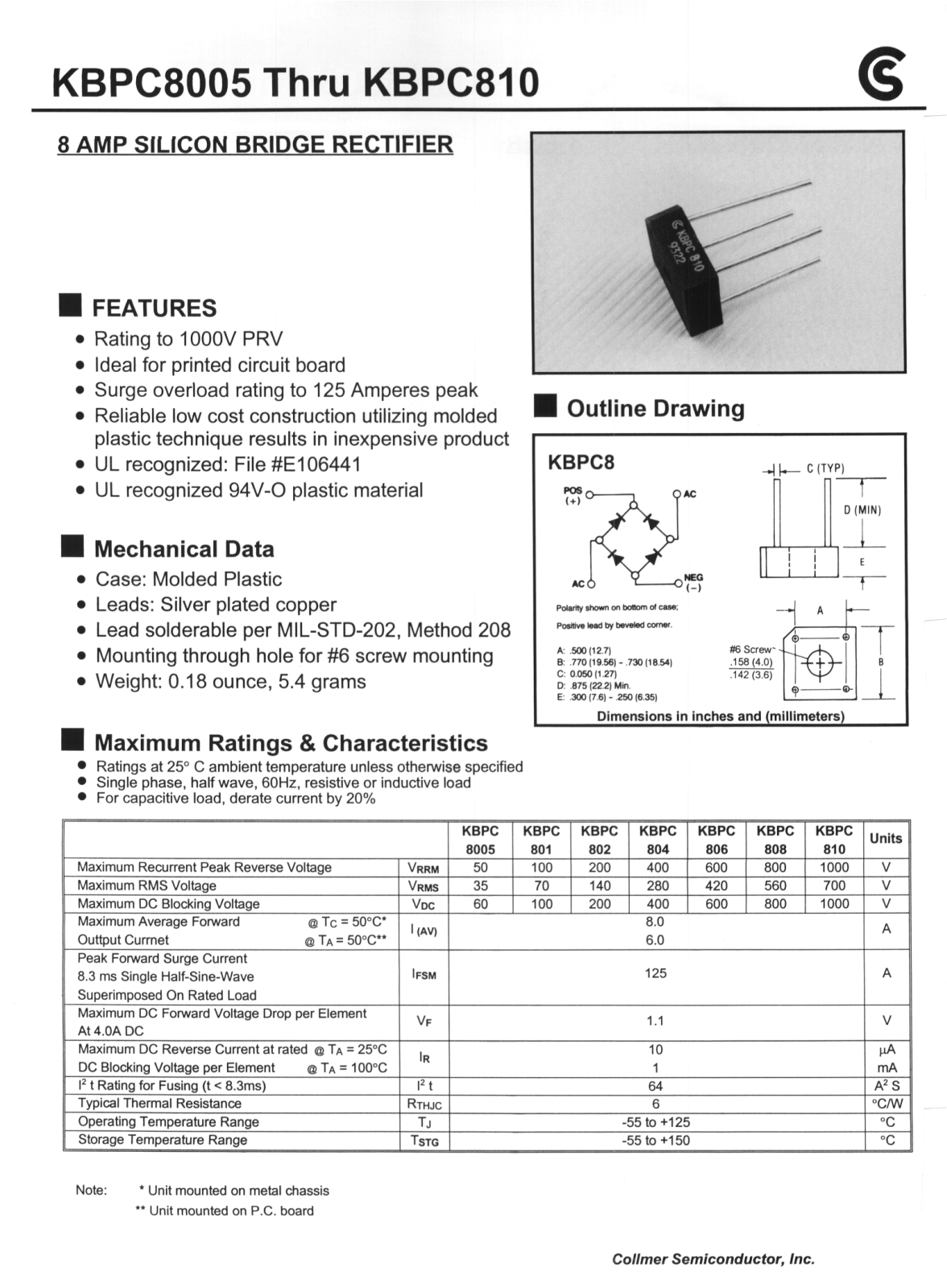 CALLMER KBPC802, KBPC808, KBPC806, KBPC804, KBPC801 Datasheet