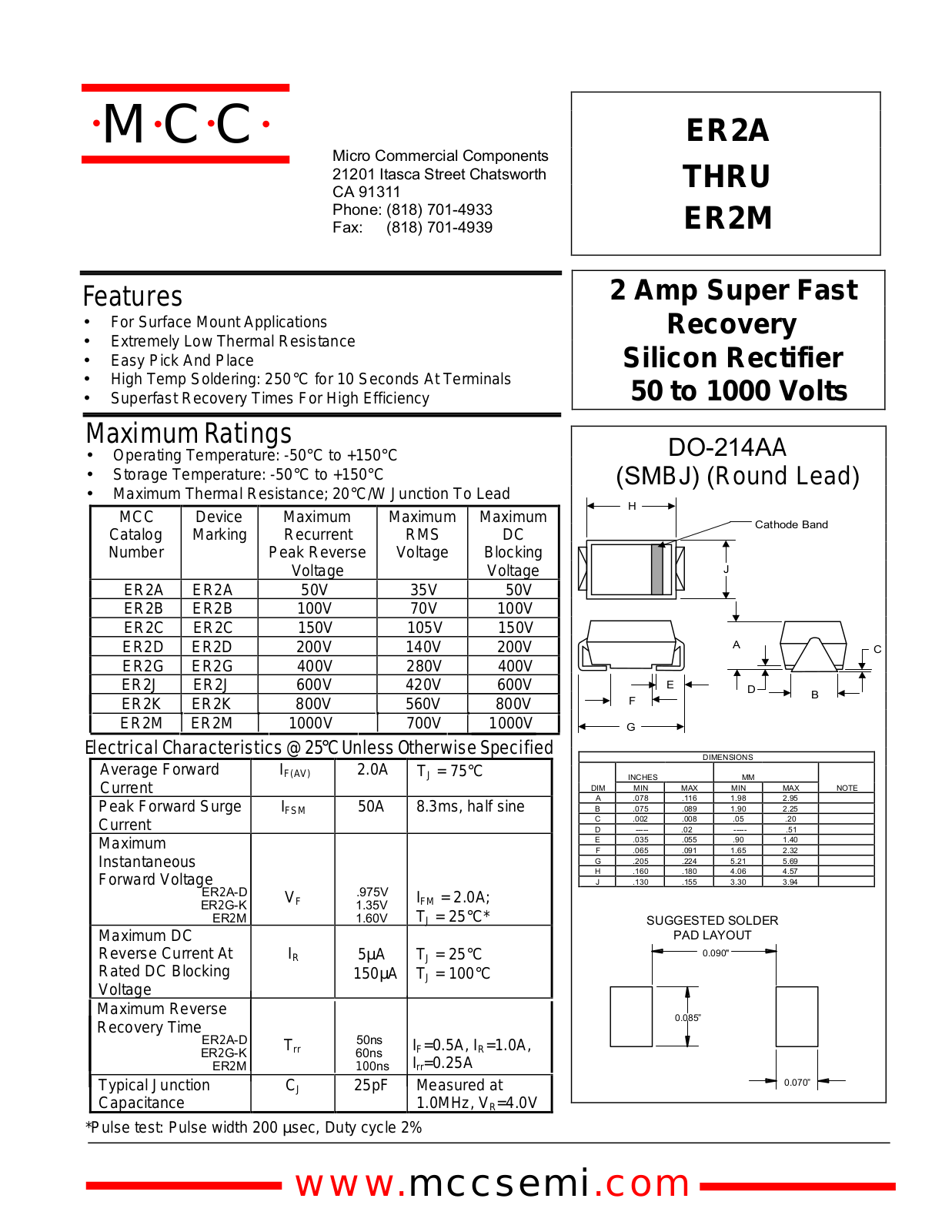 MCC ER2D, ER2G, ER2J, ER2M, ER2K Datasheet