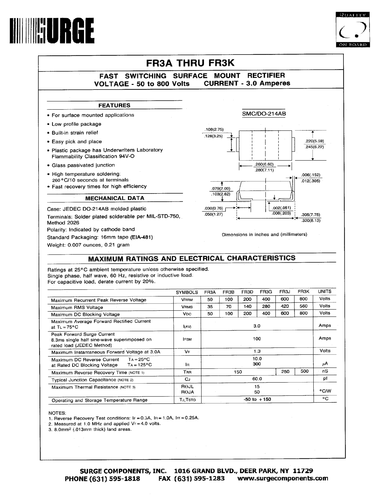 SURGE FR3A, FR3G, FR3B, FR3D, FR3K Datasheet