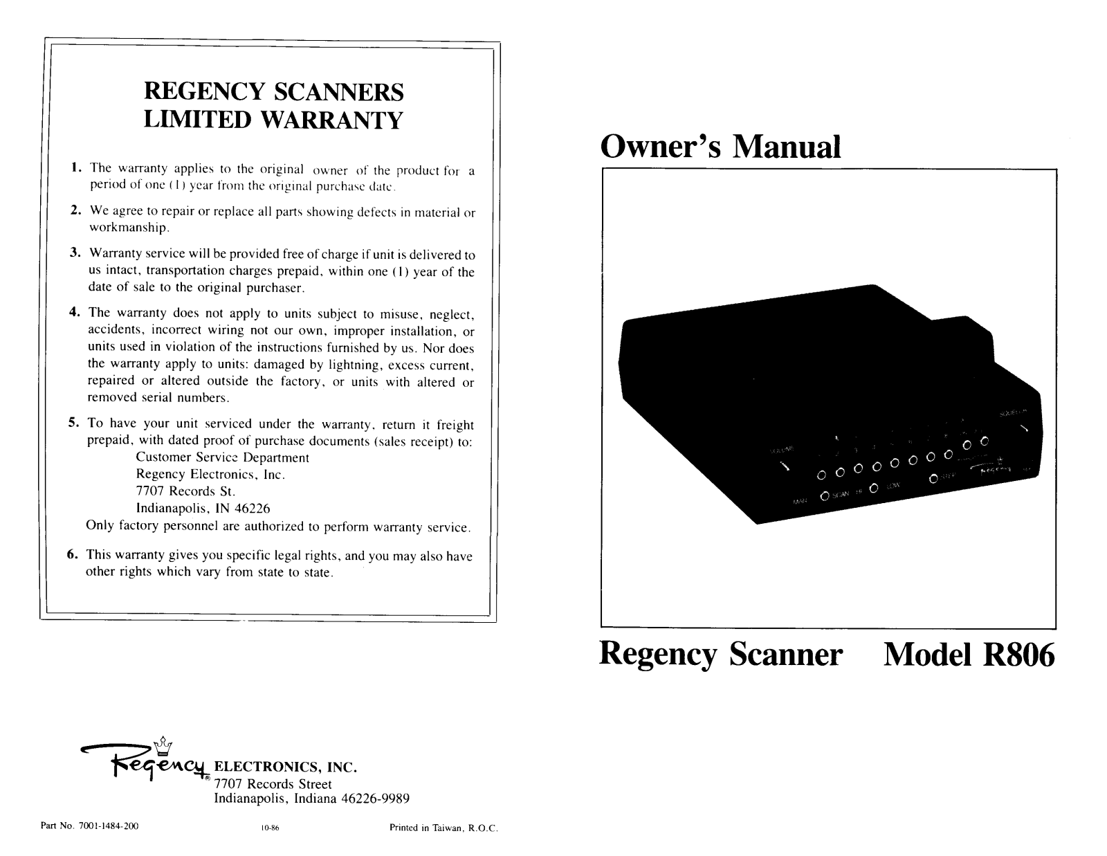 Regency R-806 User Manual