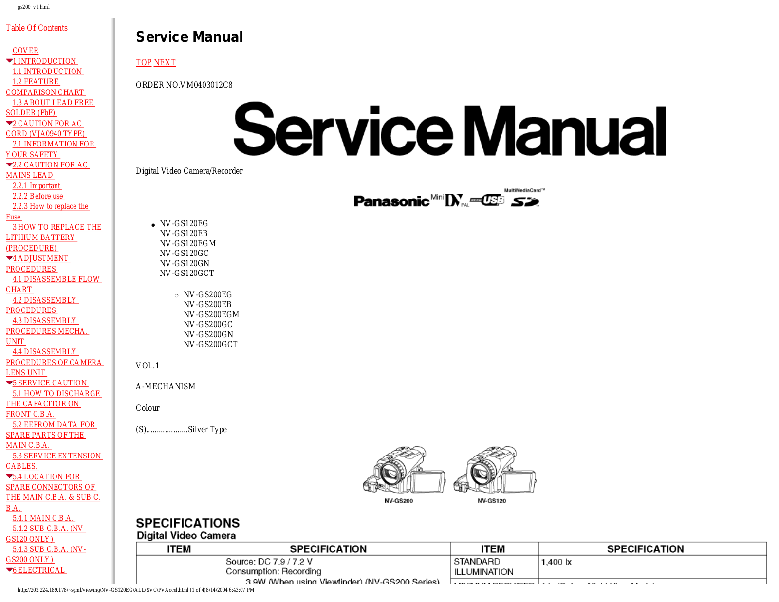 Panasonic NV-GS120EG, NV-GS120EB, NV-GS120EGM, NV-GS120GC, NV-GS120GN Service Manual