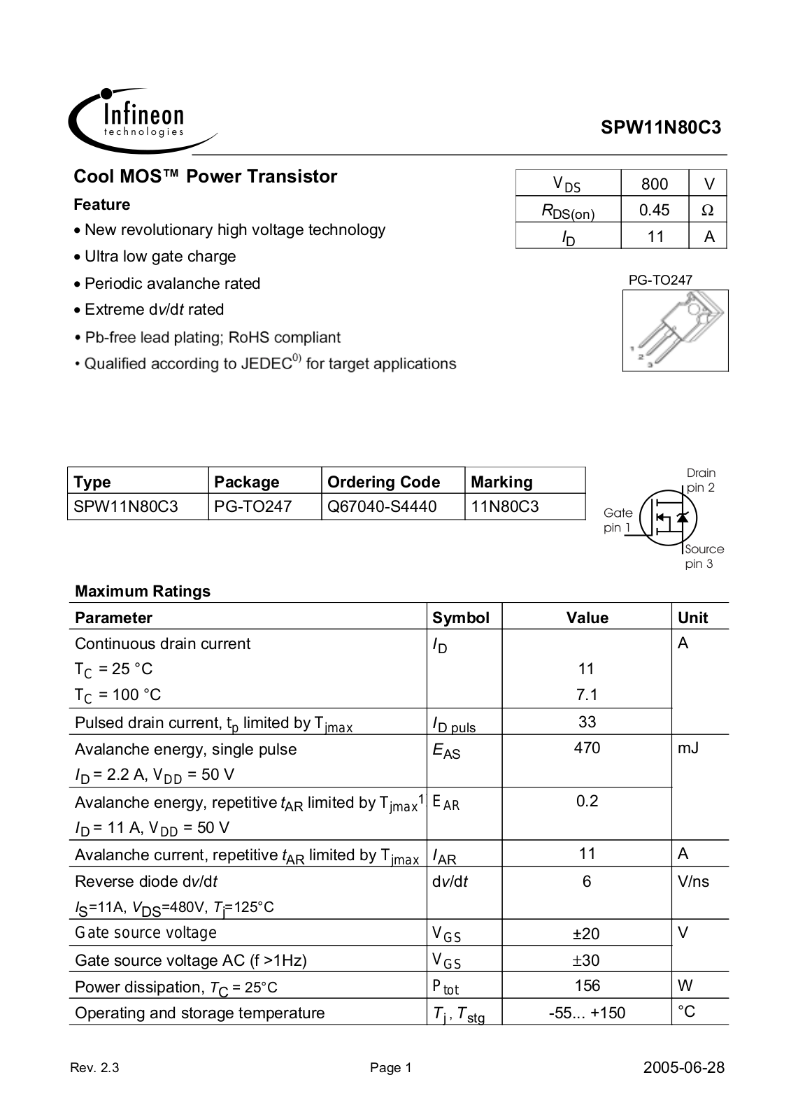 INFINEON SPW11N80C3 User Manual