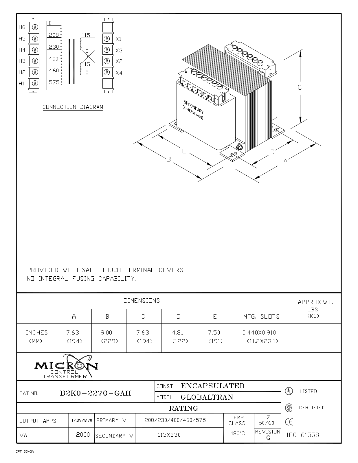 Micron Industries B2K0-2270-GAH Specification Sheet