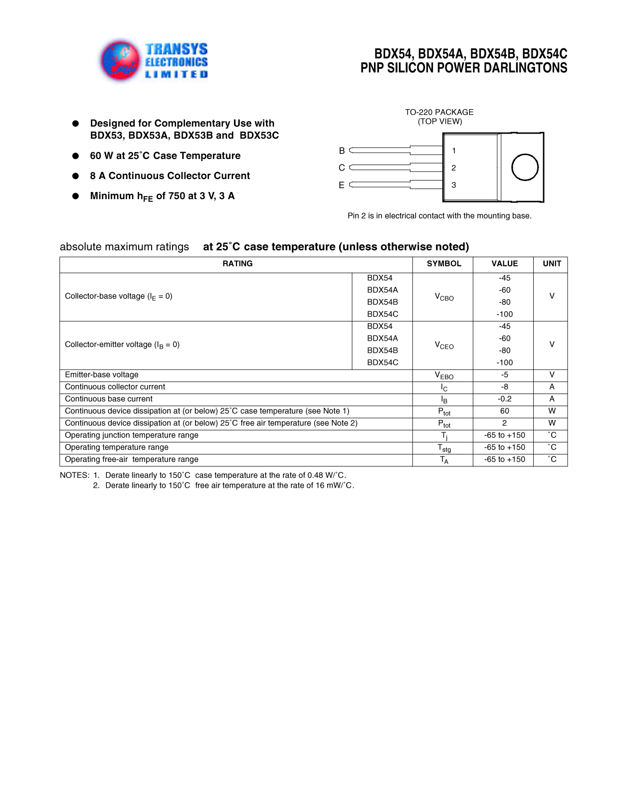 TEL BDX54A, BDX54A, BDX54, BDX54C, BDX54C Datasheet