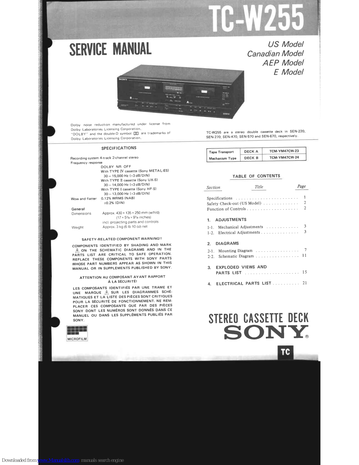 Sony TC-W255 Service Manual