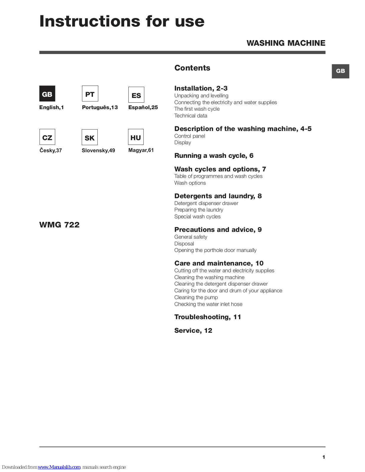 Hotpoint WMG 722 Instructions For Use Manual