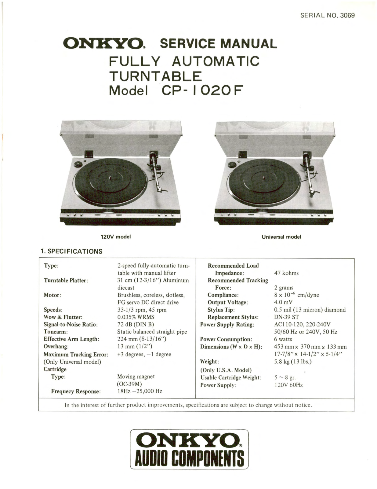 Onkyo CP-1020-F Service Manual