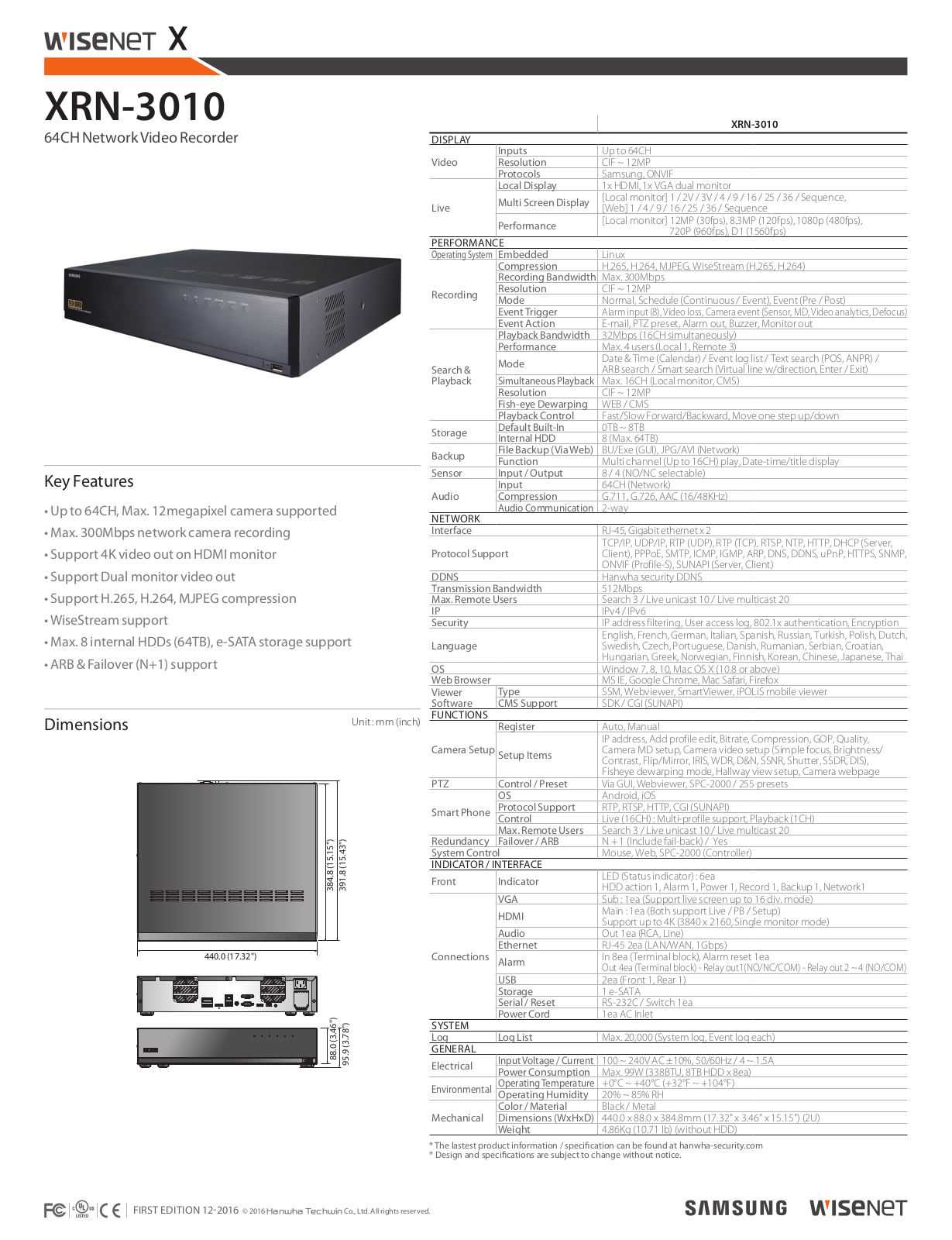 Samsung XRN-3010 Specsheet