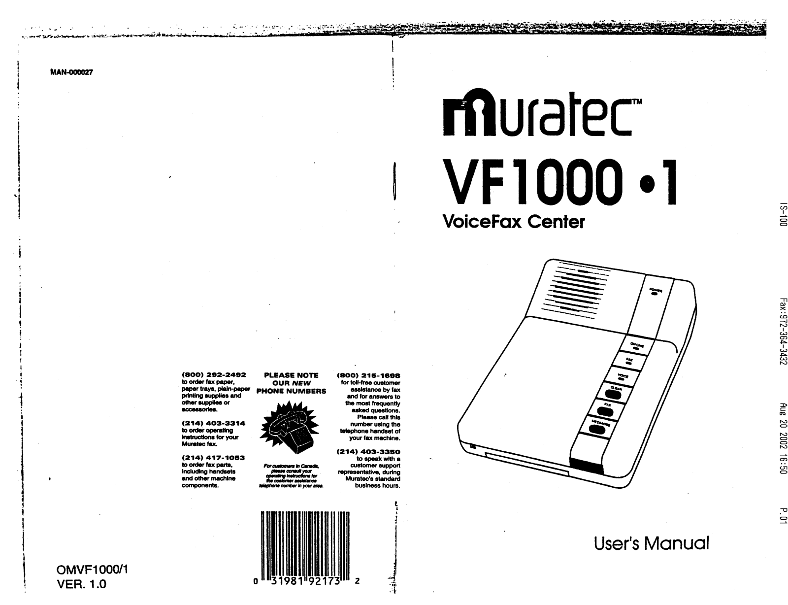 Muratec VF1000-1 user Manual