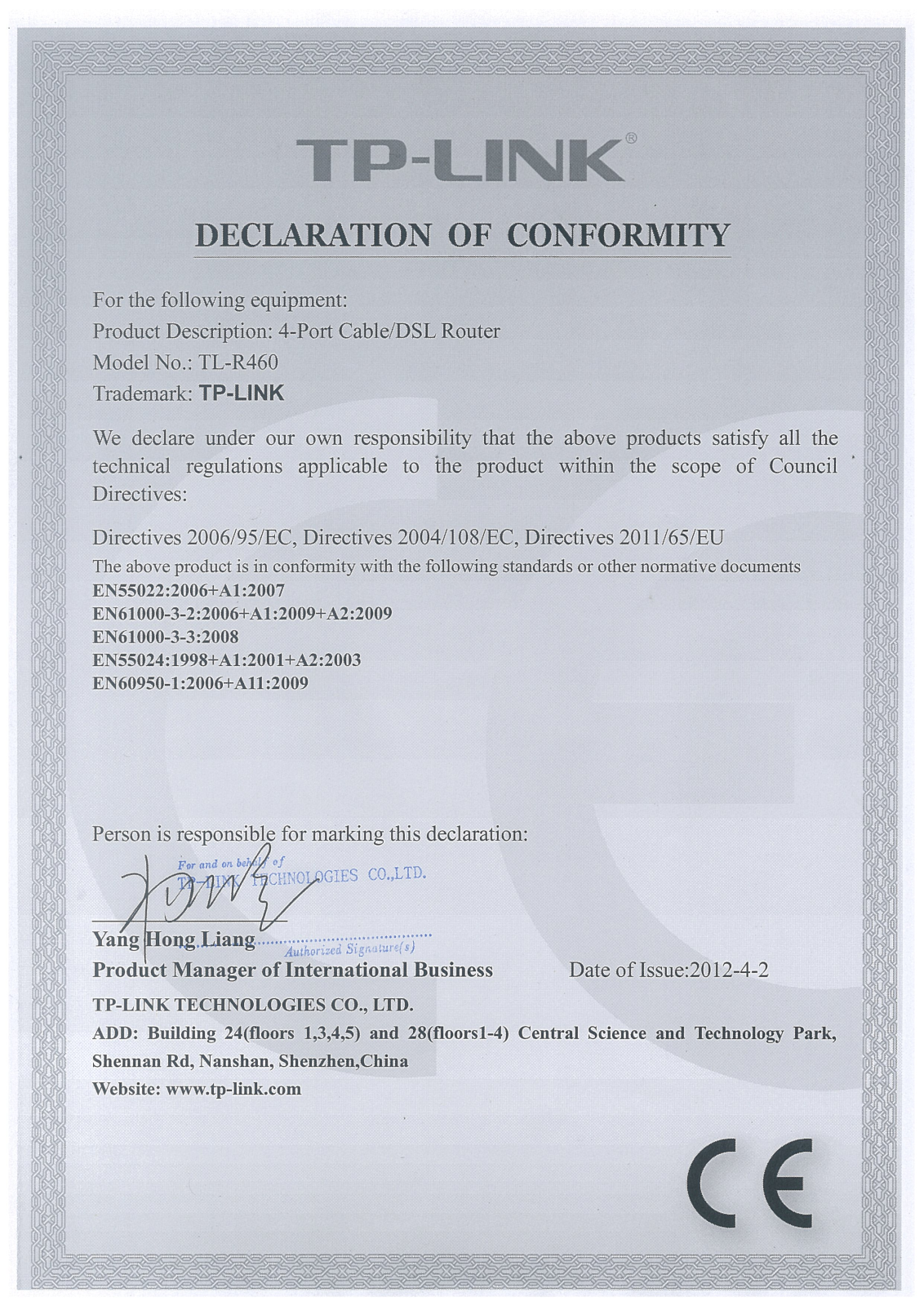 TP-Link TL-R460 Declaration of Conformity