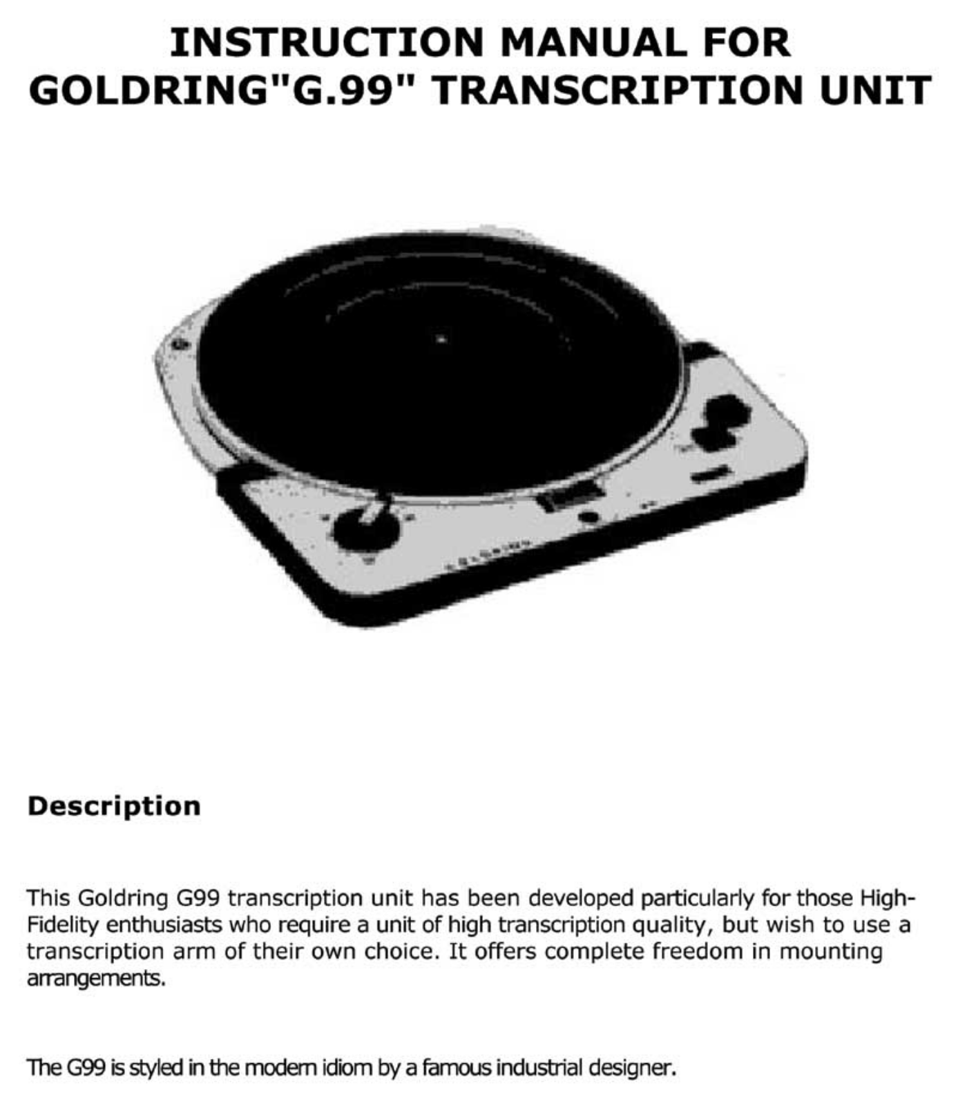 Goldring G-99 Owners manual