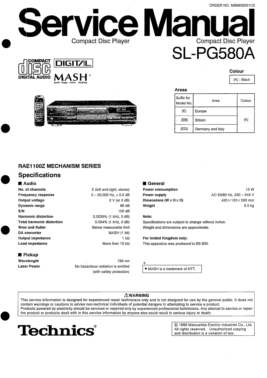 Technics SL-PG-580-A Service Manual