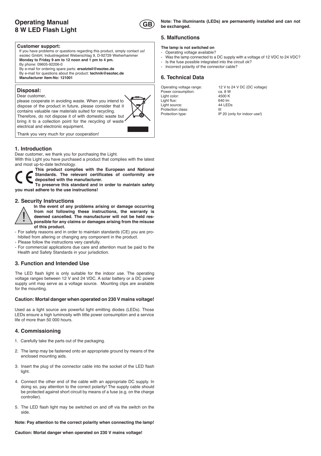 Esotec 121001 Operating Manual