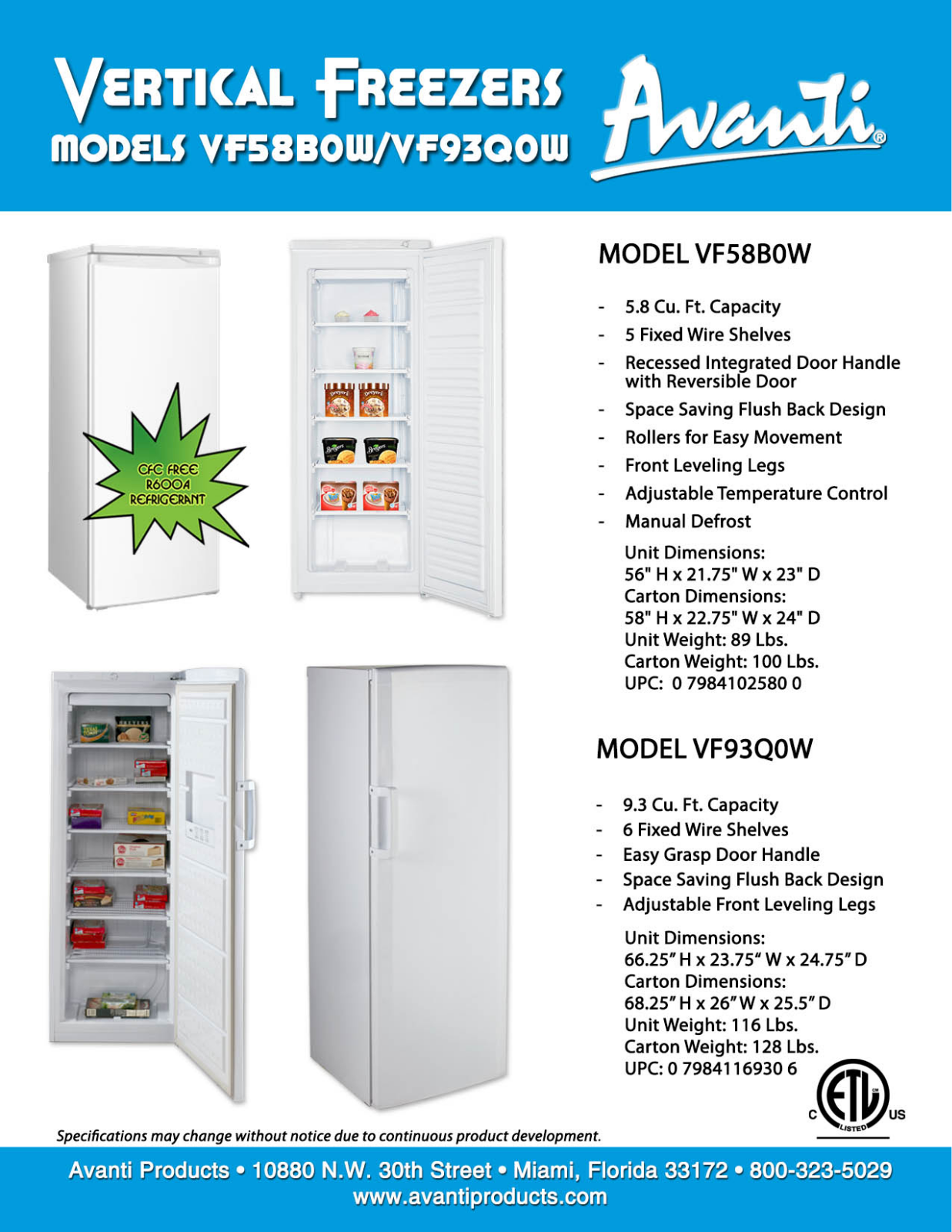 Avanti VF58B0W, VF93Q0W Catalog Page