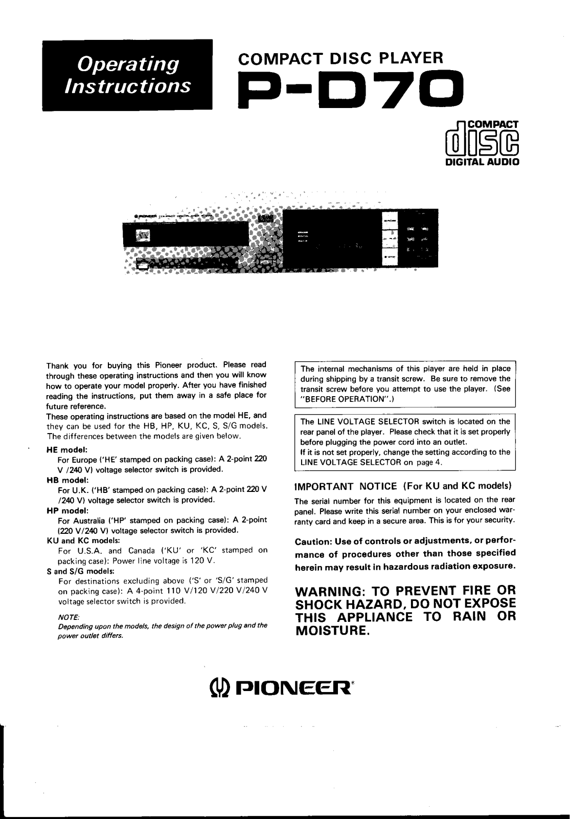 Pioneer PD-70 Owners manual