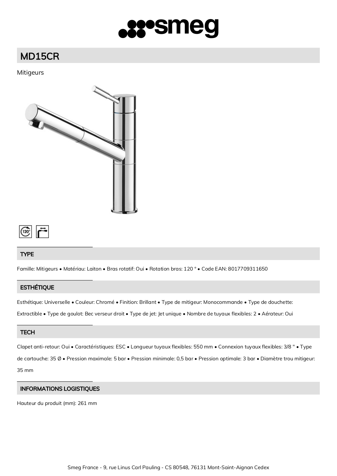 Smeg MD15CR Product Information Sheet