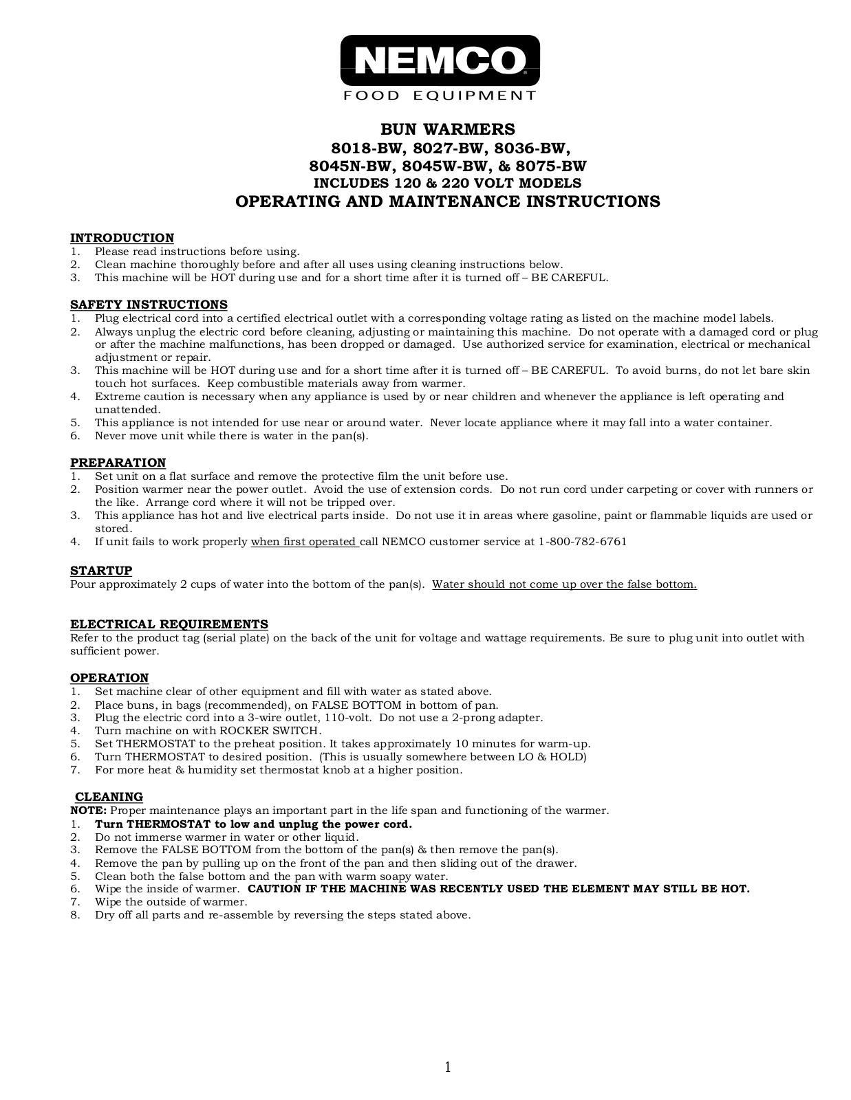 Nemco, Inc. 8018-BW Operation Manual