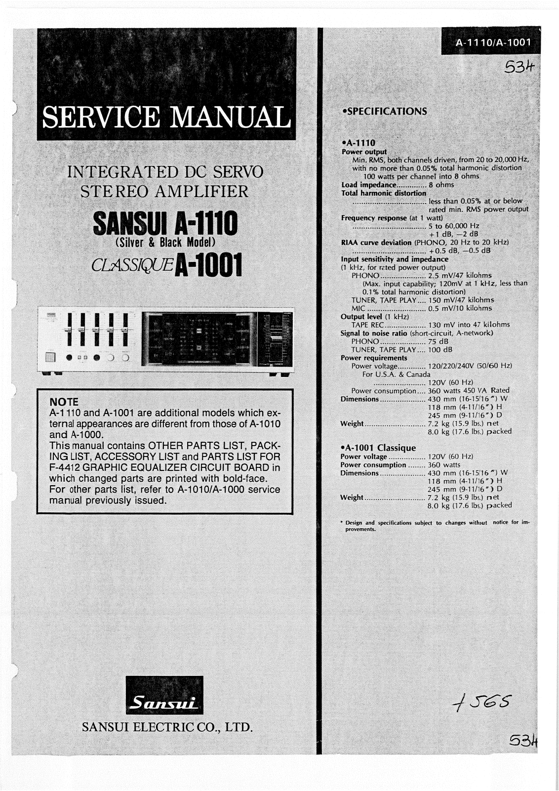 Sansui A-1001, A-1110 Service manual