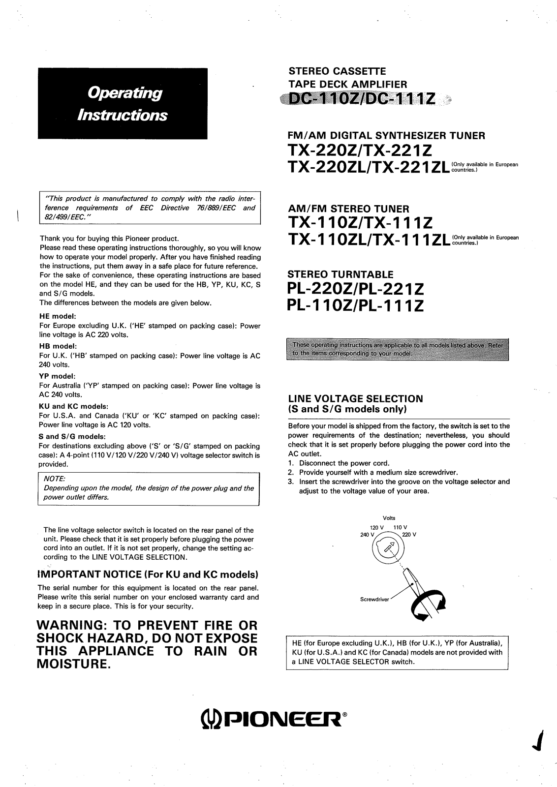 Pioneer TX-110ZL, PL-111Z, TX-221Z, TX-220ZL, TX-221ZL User Manual