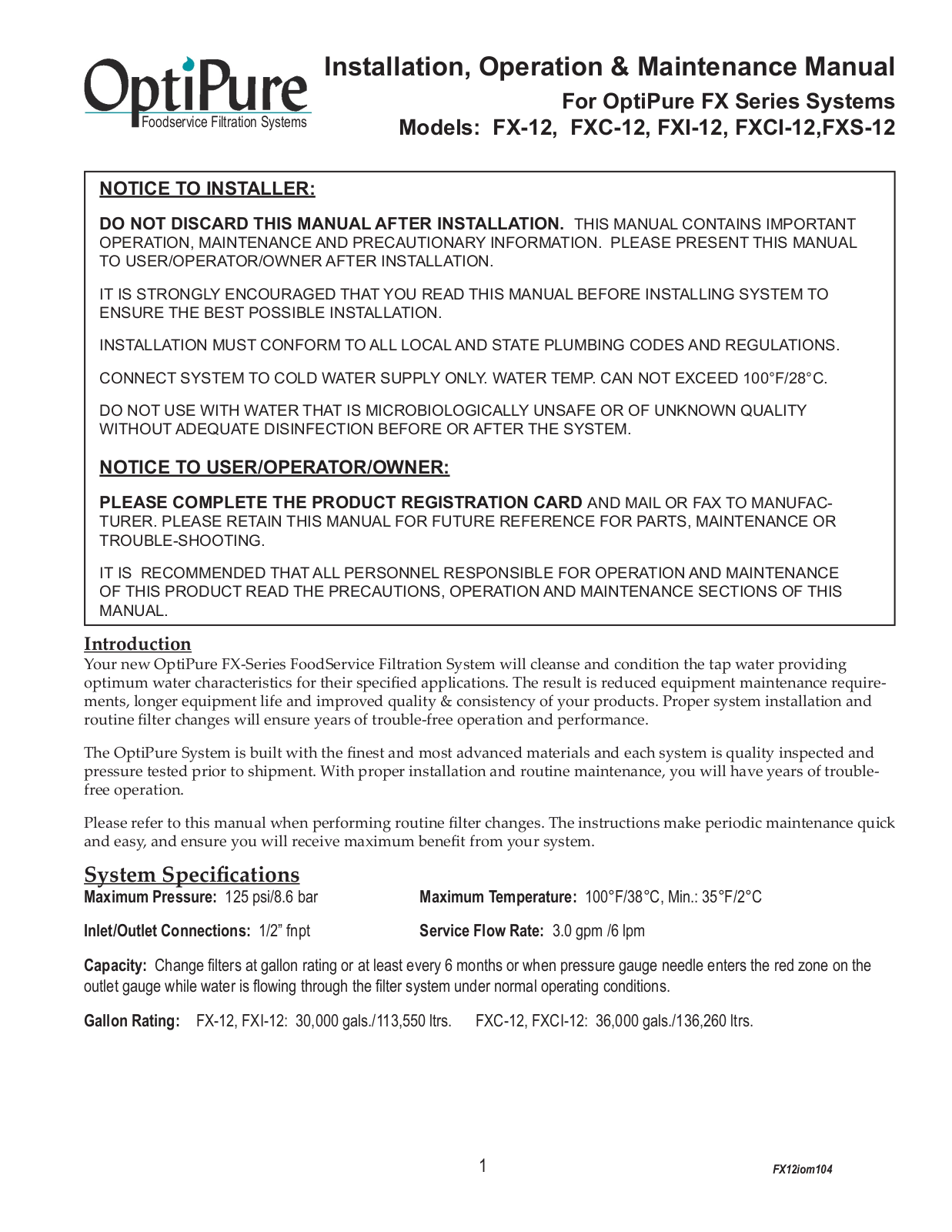 OptiPure FX-12 Installation  Manual