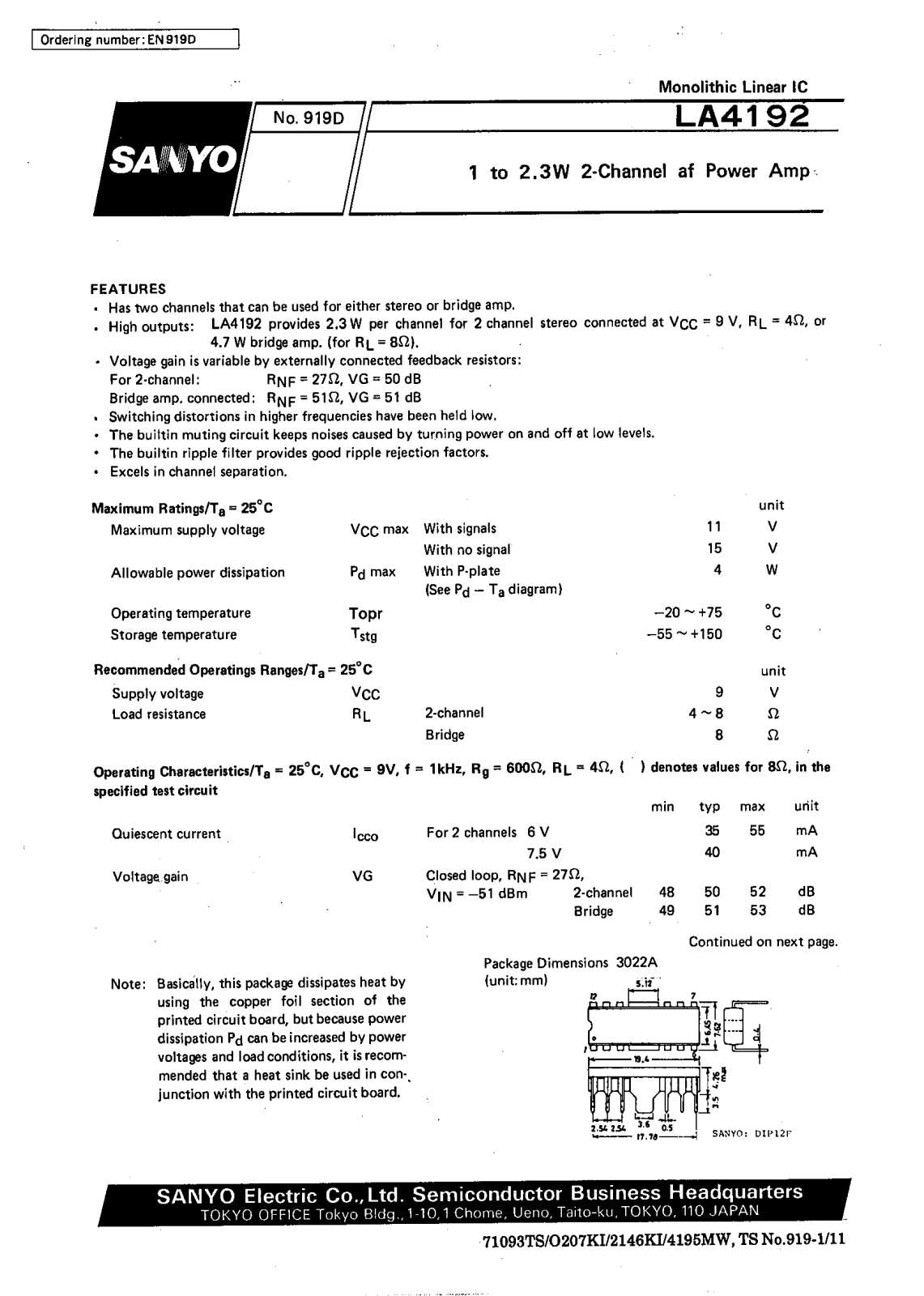 SANYO LA4192 Datasheet