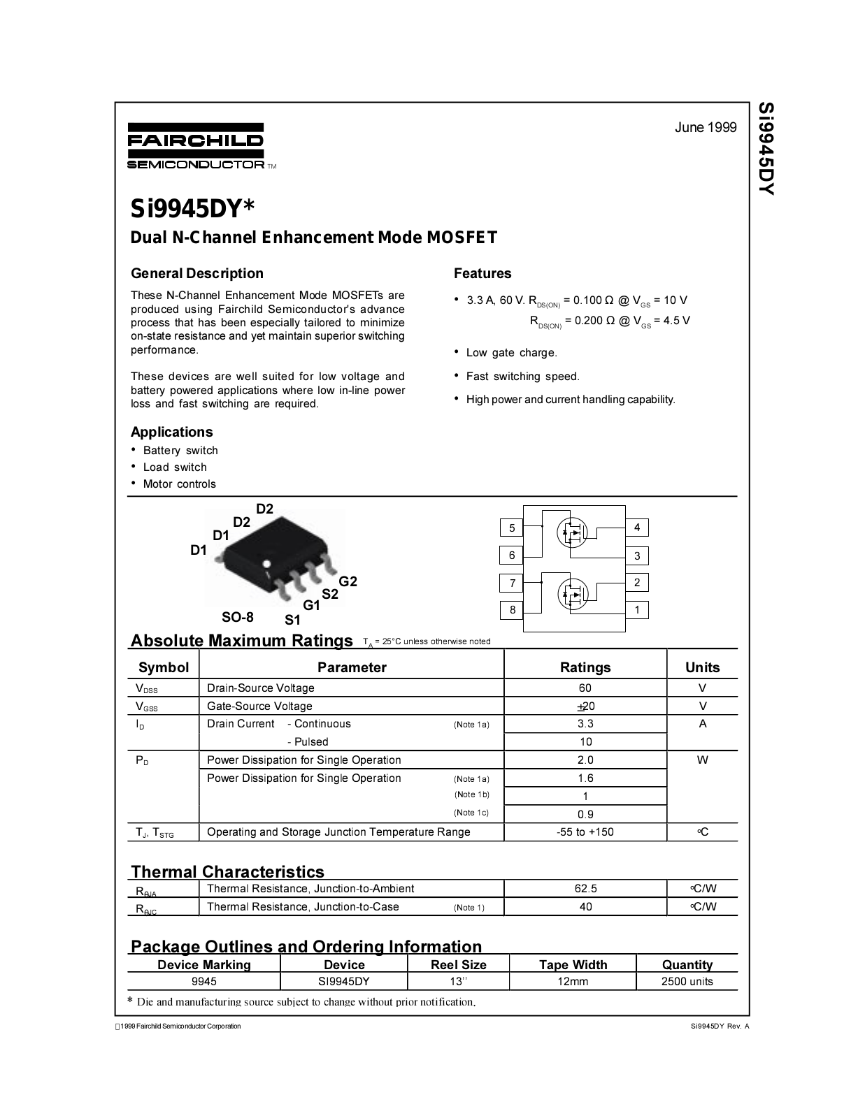 Fairchild Semiconductor SI9945DY Datasheet