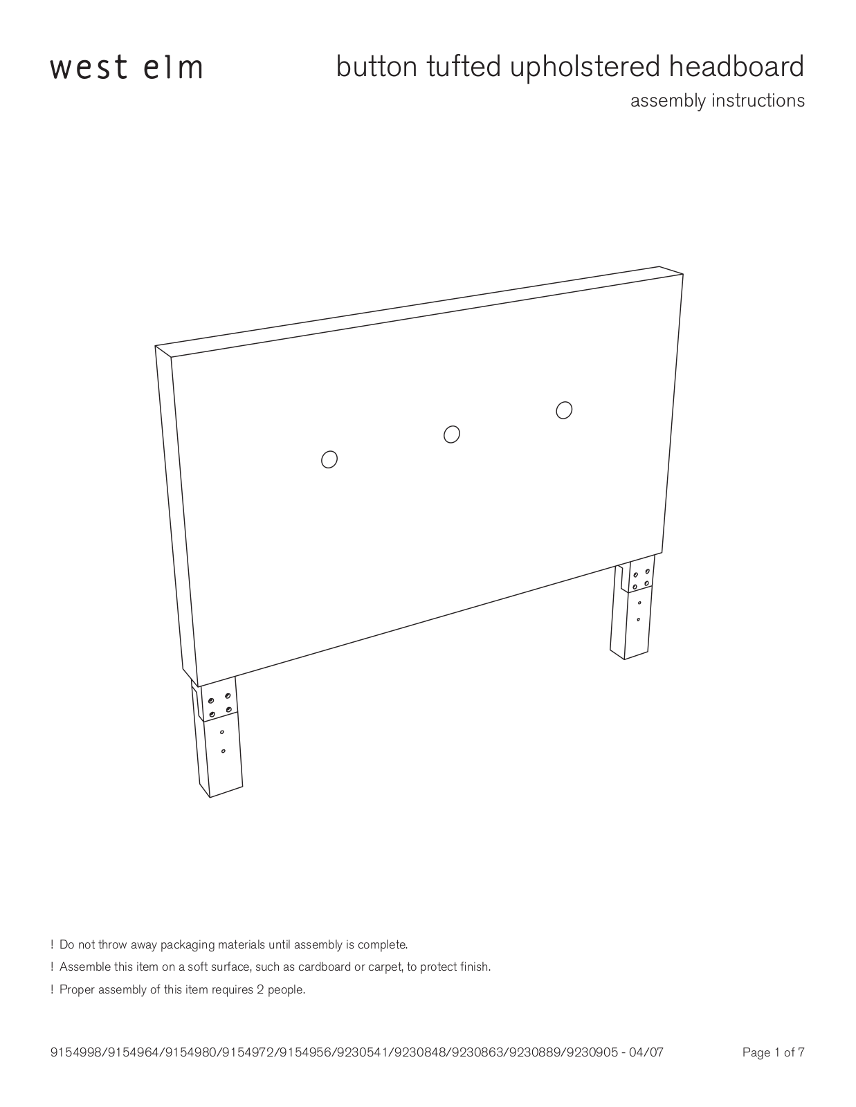 West Elm Button Tufted Upholstered Headboard Assembly Instruction