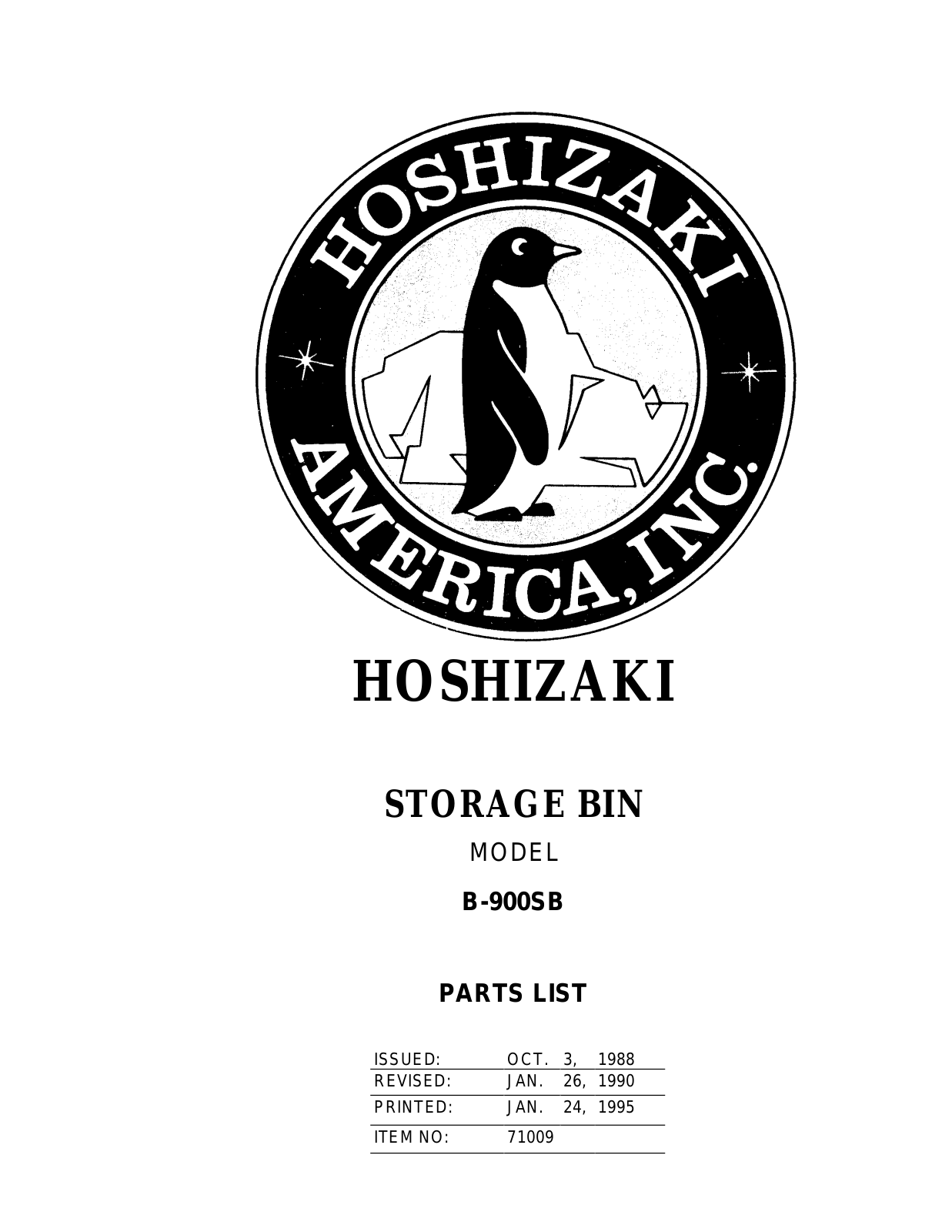 Hoshizaki America B-900SB-K-0 Parts List