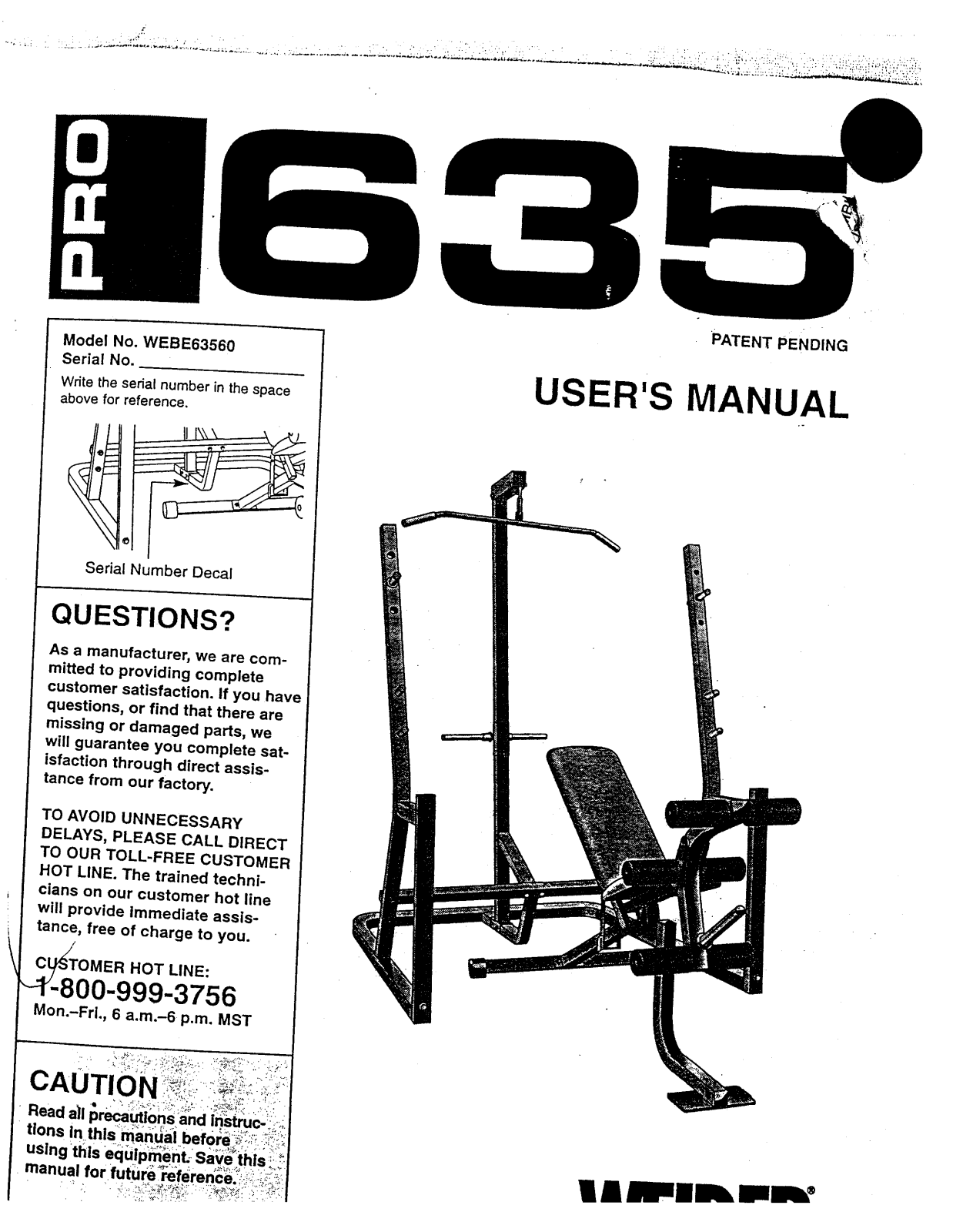 Weider PRO 635 Owner's Manual