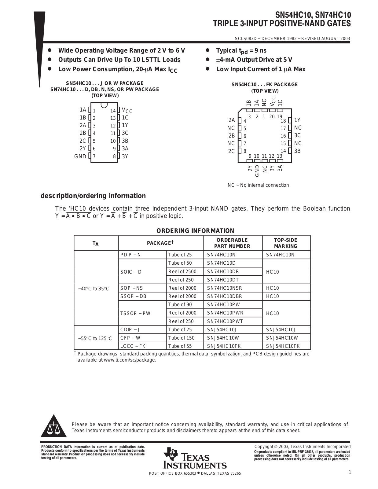 TEXAS INSTRUMENTS SN54HC10 Technical data