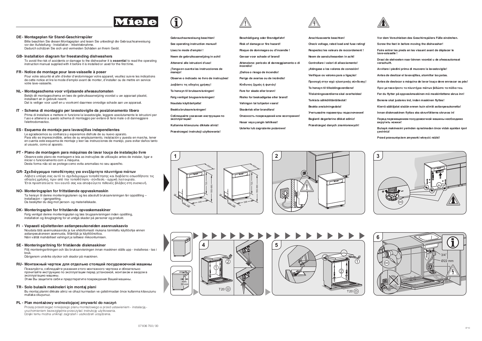 Miele G 1730 SC, G 1041, G 4302 SC, G 4101, G 1022 Installation diagram for freestanding dishwashers