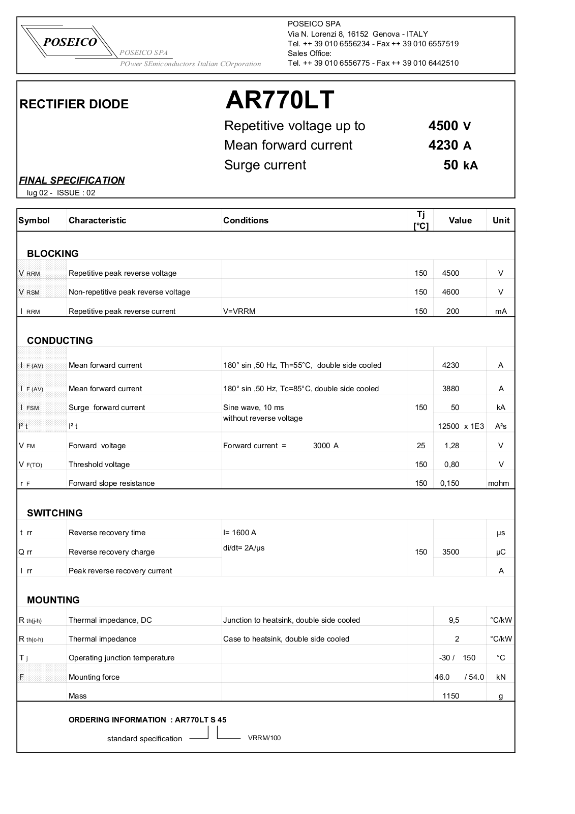 POSEICO AR770LTS45 Datasheet