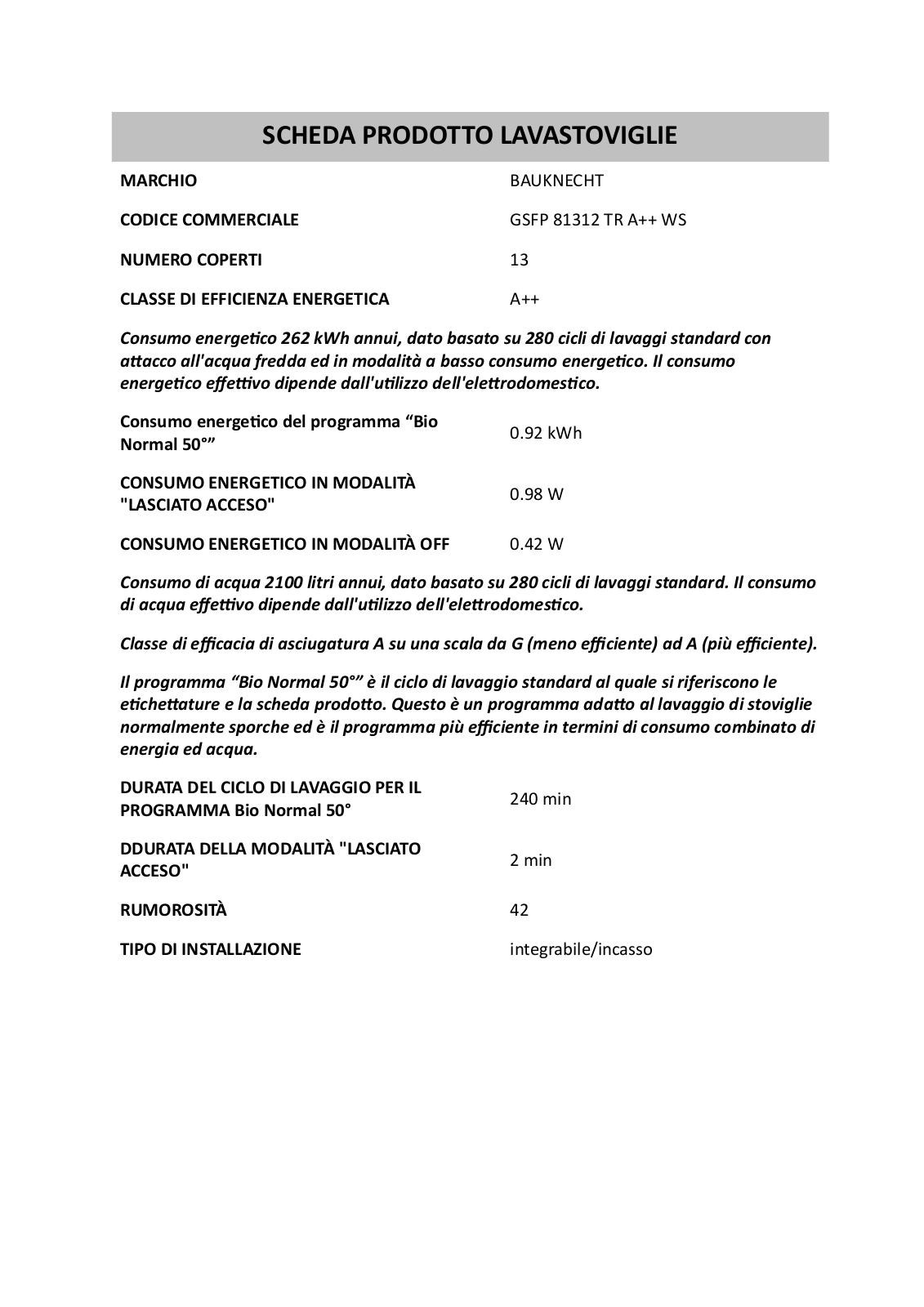 Bauknecht GSFP 81312 TR A WS INSTRUCTION FOR USE