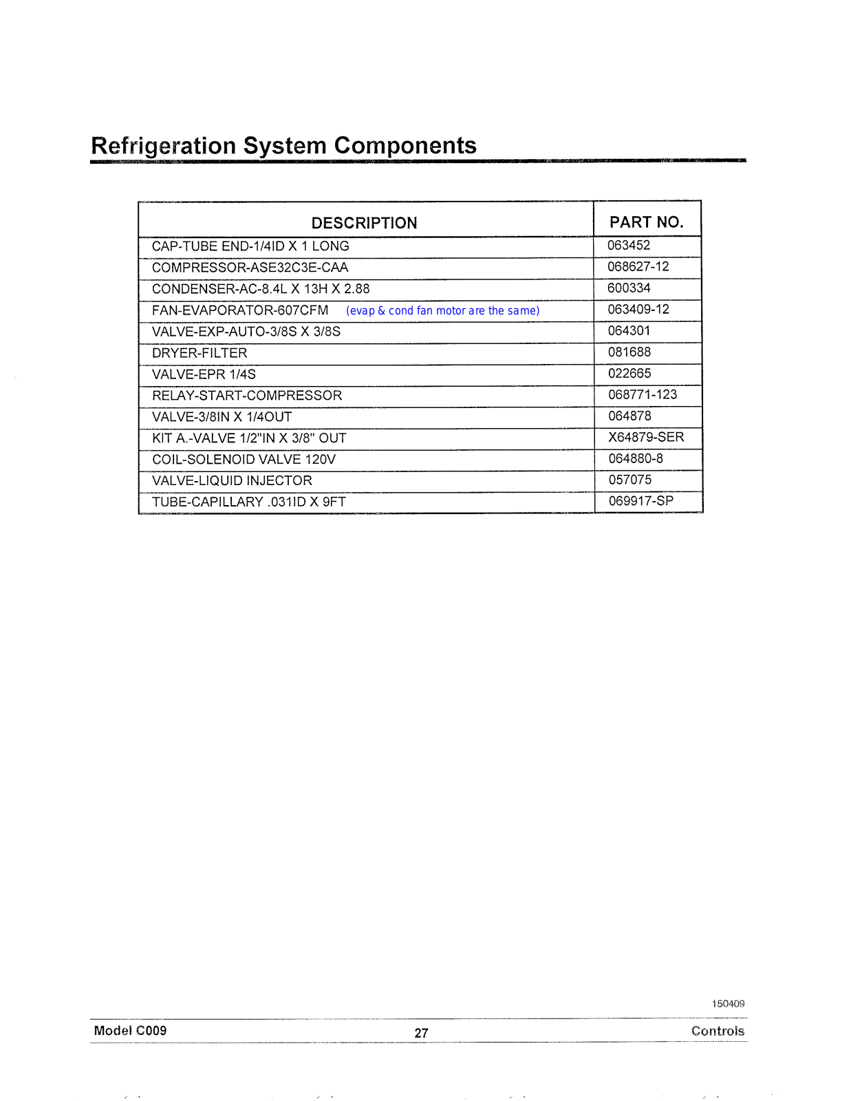 Taylor C009 Parts List