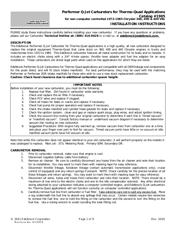 Edelbrock 1905 User Manual
