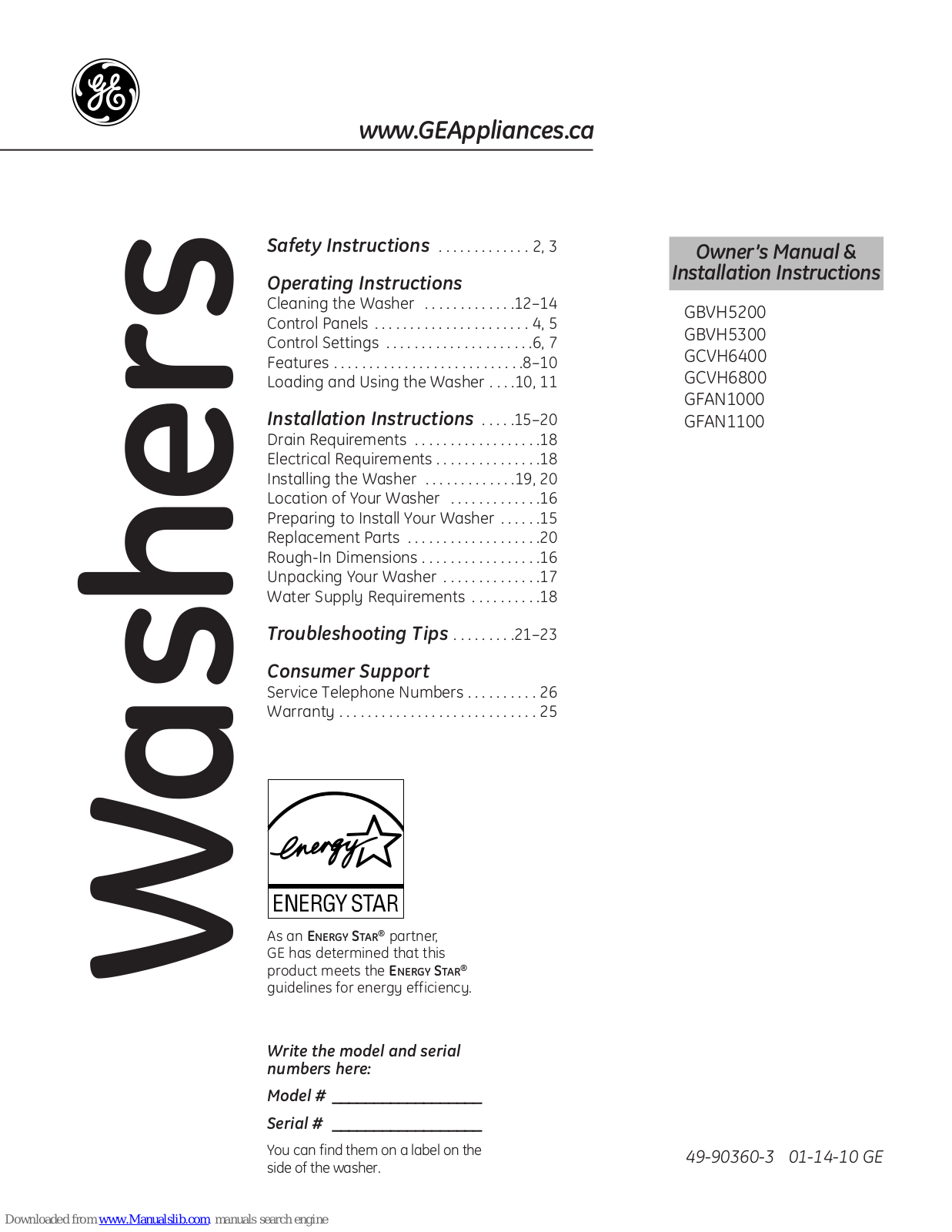 GE GBVH5200 GBVH5300, GCVH6400, GCVH6800, GFAN1000, GFAN1100 Owner's Manual & Installation Instructions