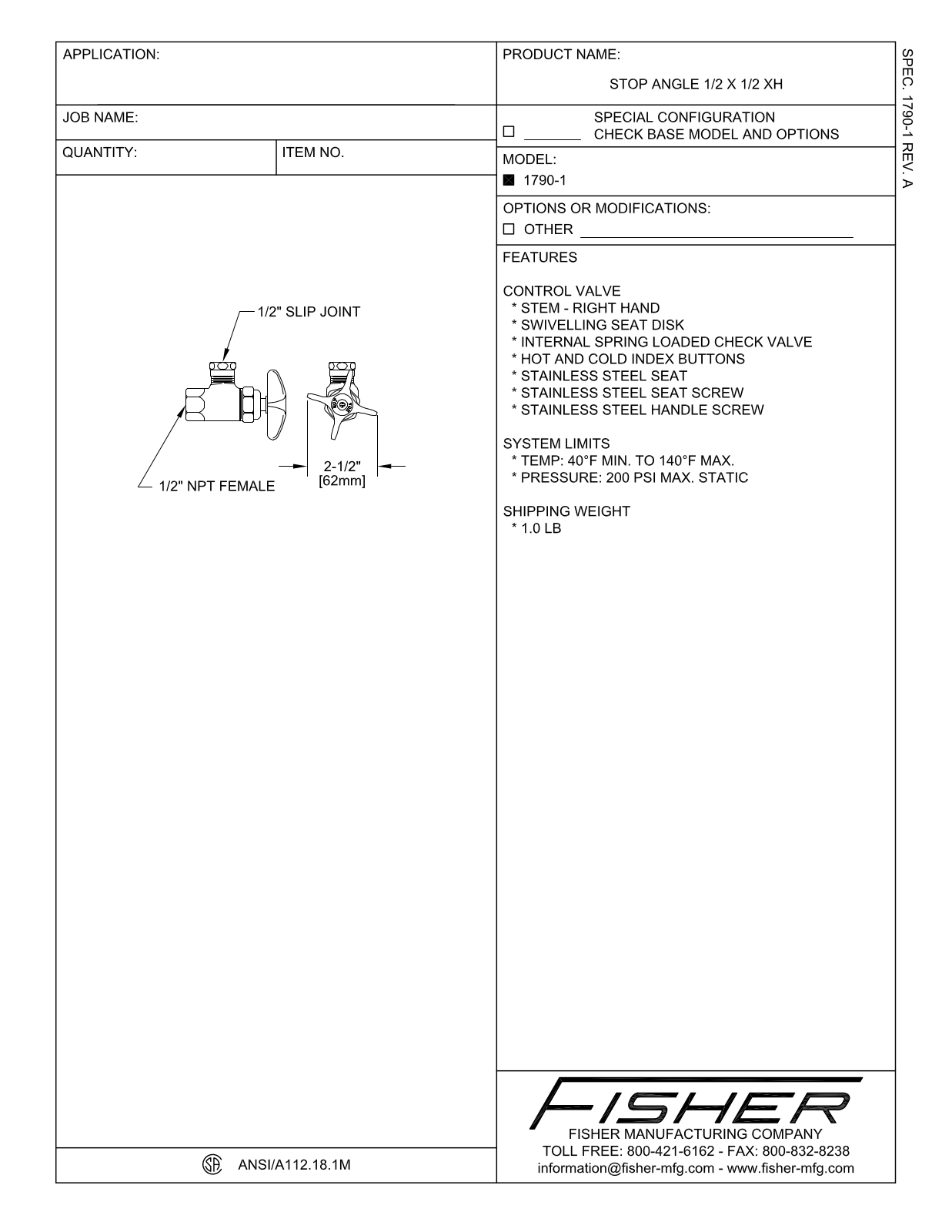 Fisher Manufacturing 1790-1 User Manual