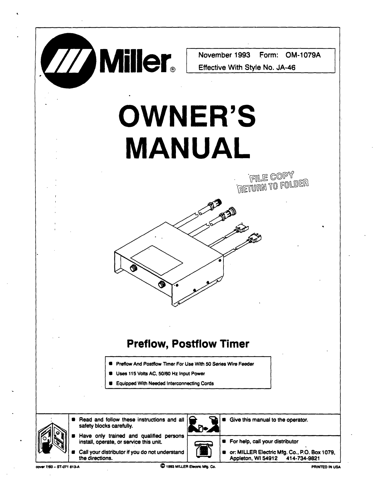 Miller PREFLO W/POSTFLOW TIMER Owners manual - ManualMachine.com