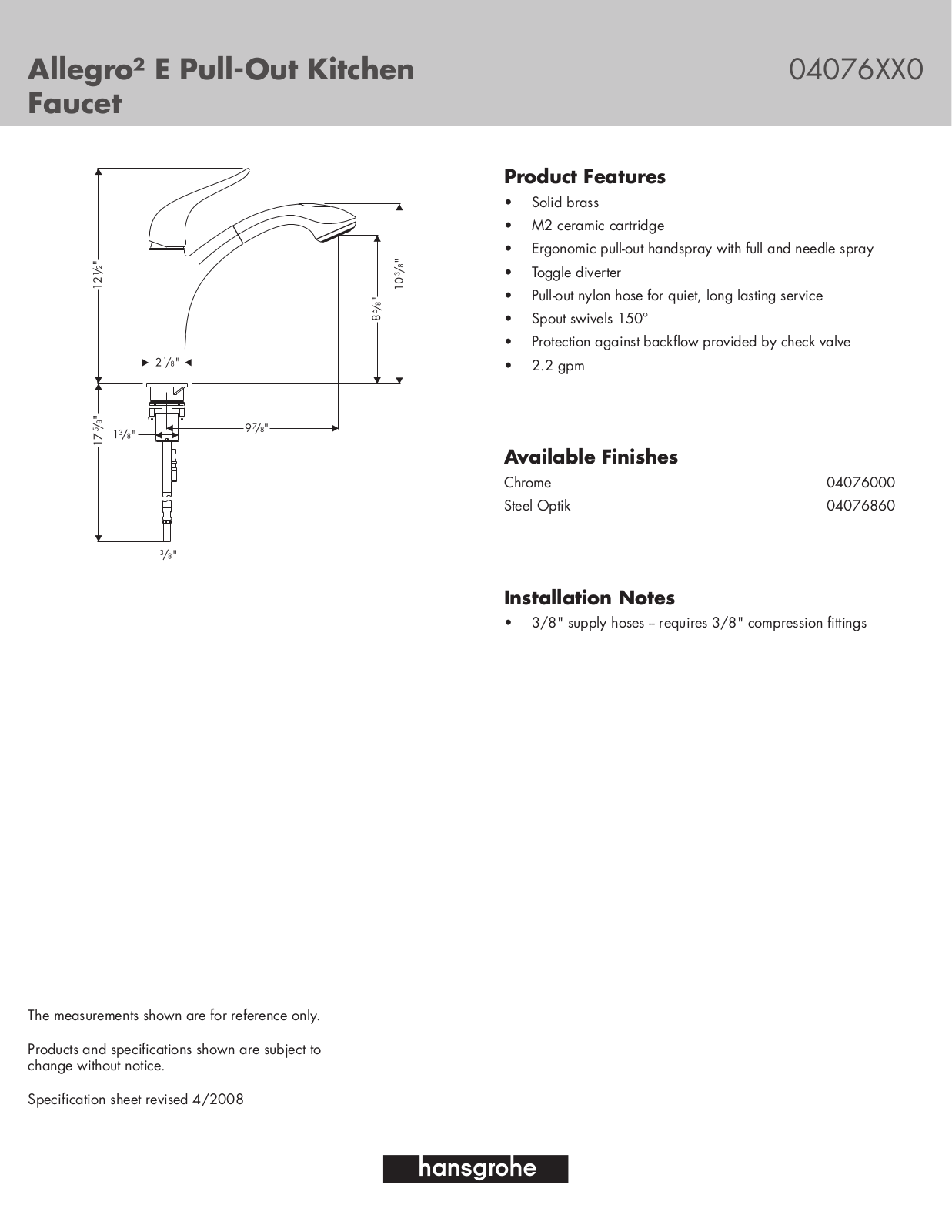 Hans Grohe 04076000, 04076XX0, 04076860 User Manual