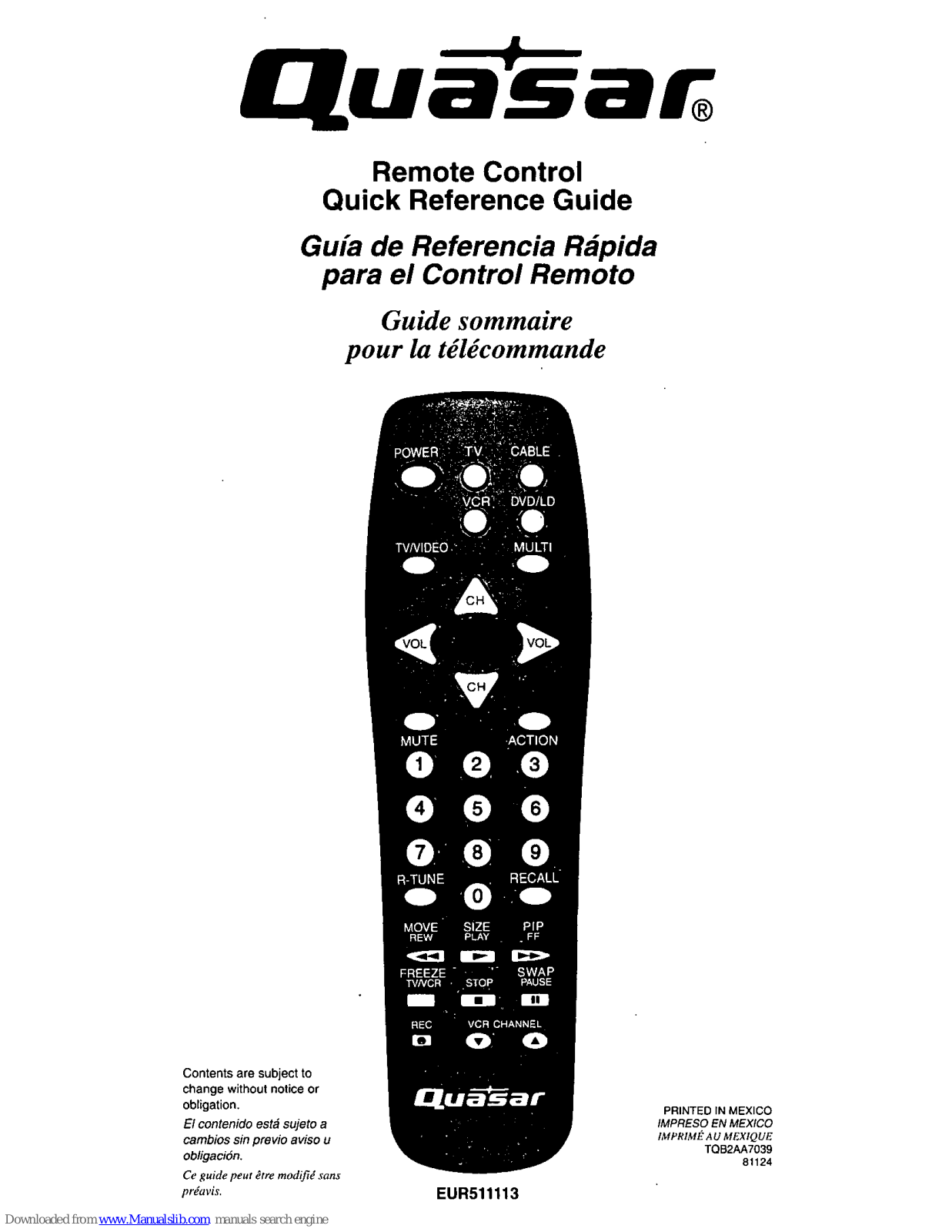 Quasar EUR511113 Quick Reference Manual