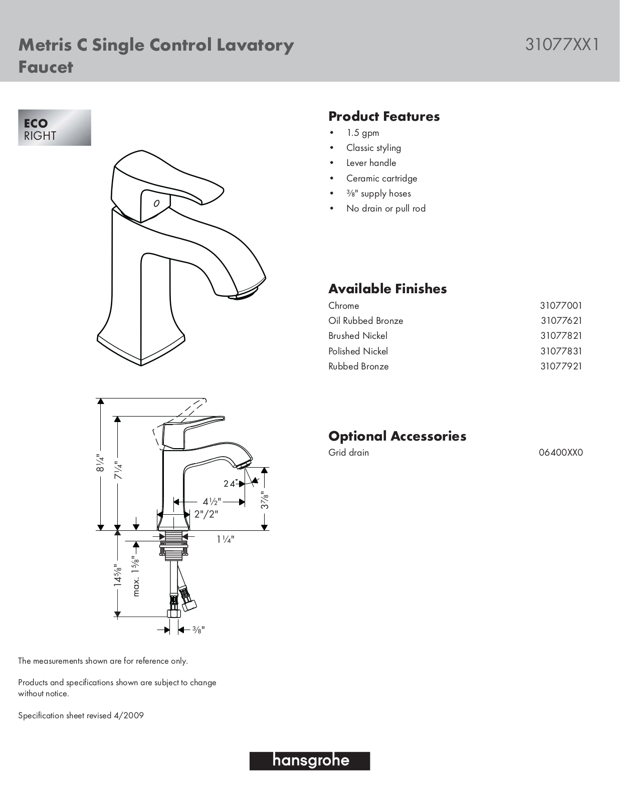 Hansgrohe 31077001 Specs