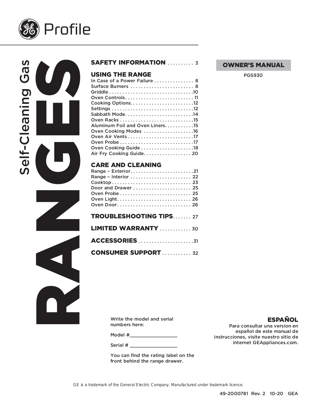 GE PGS930 Owner’s Manual