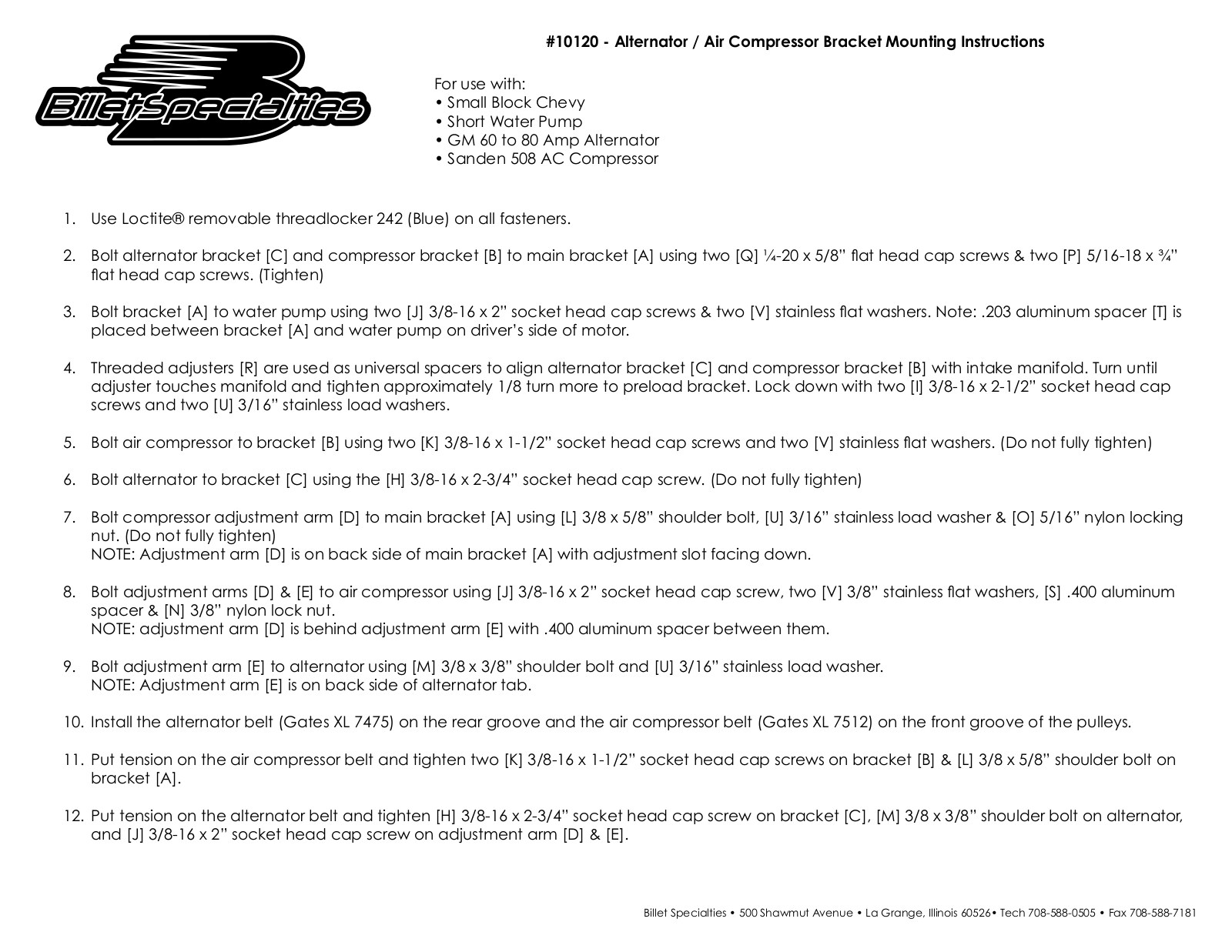 Billet Specialties 10120 User Manual