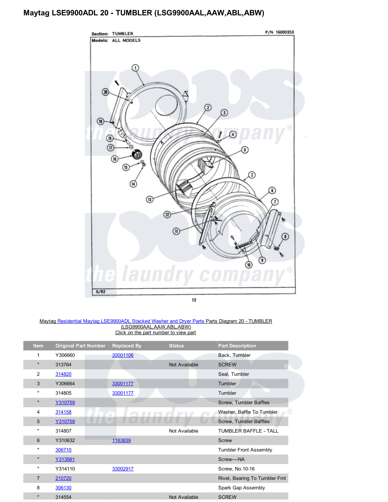 Maytag LSE9900ADL Stacked and Parts Diagram