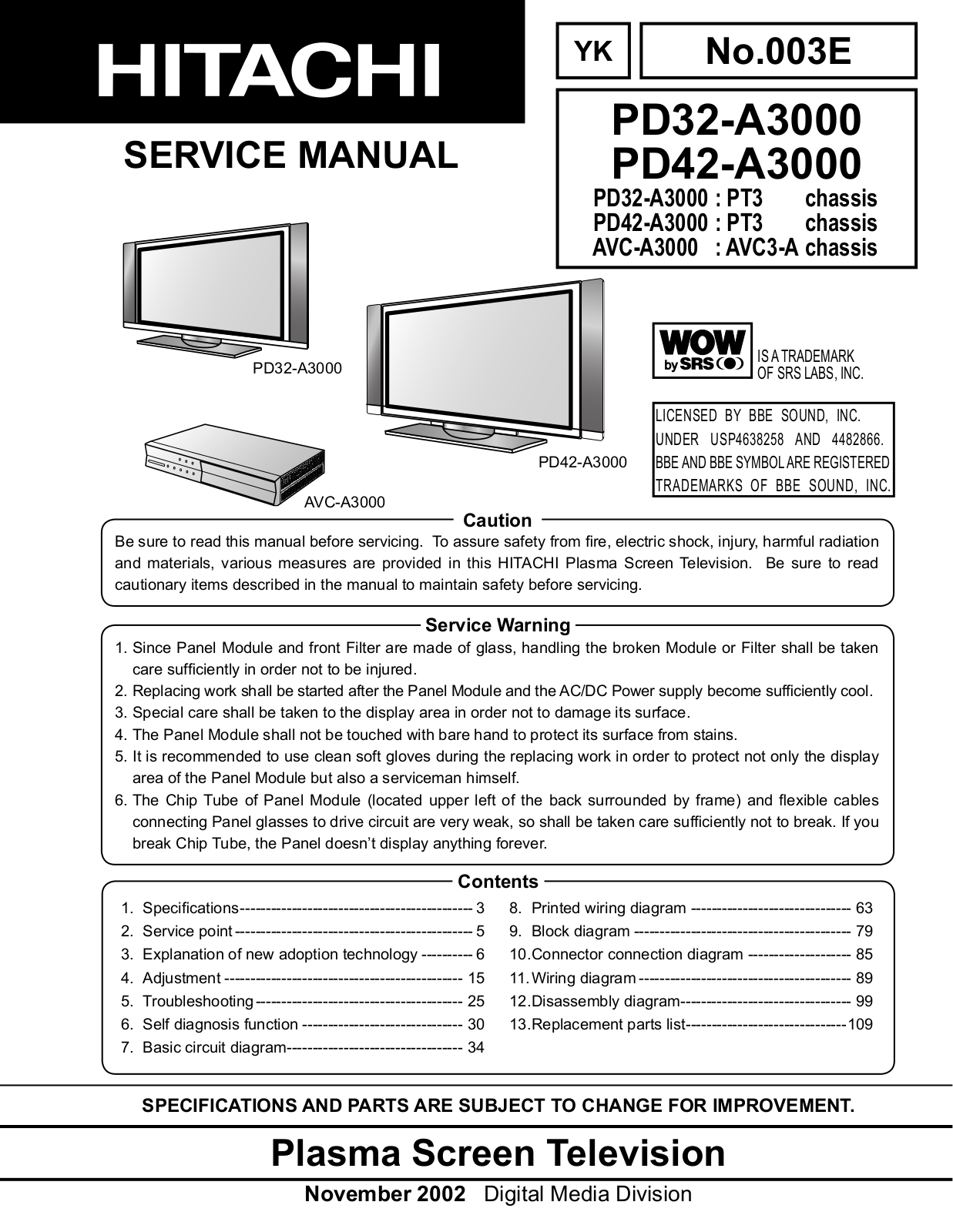 Hitachi pd3242a3000 Service Manual